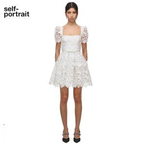 NWT! Self-Portrait White Guipure Floral Lace Mini Dress, US Size 10